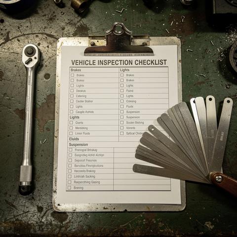 Printed inspection sheet on a clipboard beside a torque wrench